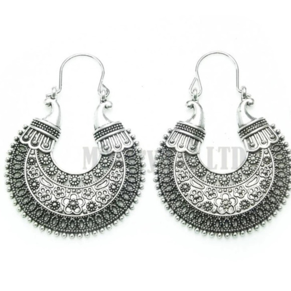 Tibetan Silver Carved Moon Drop Statement Earrings - Picture 2 of 4