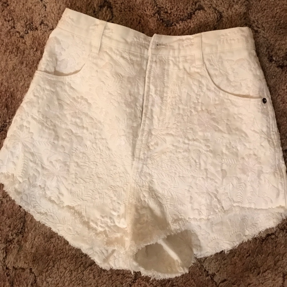 White high waisted floral embroidered jean shorts
