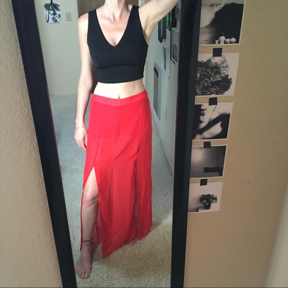red mesh maxi skirt