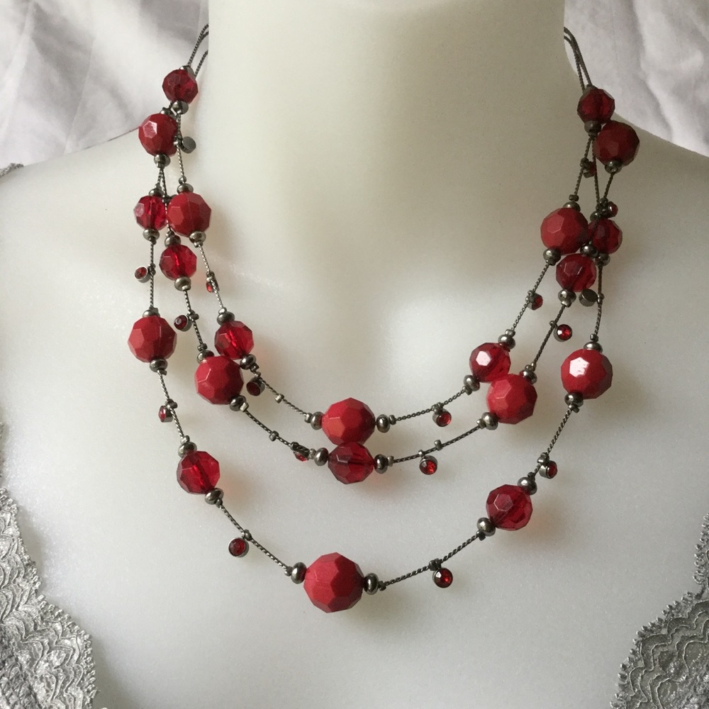 Red Beaded Multi Strand Necklace