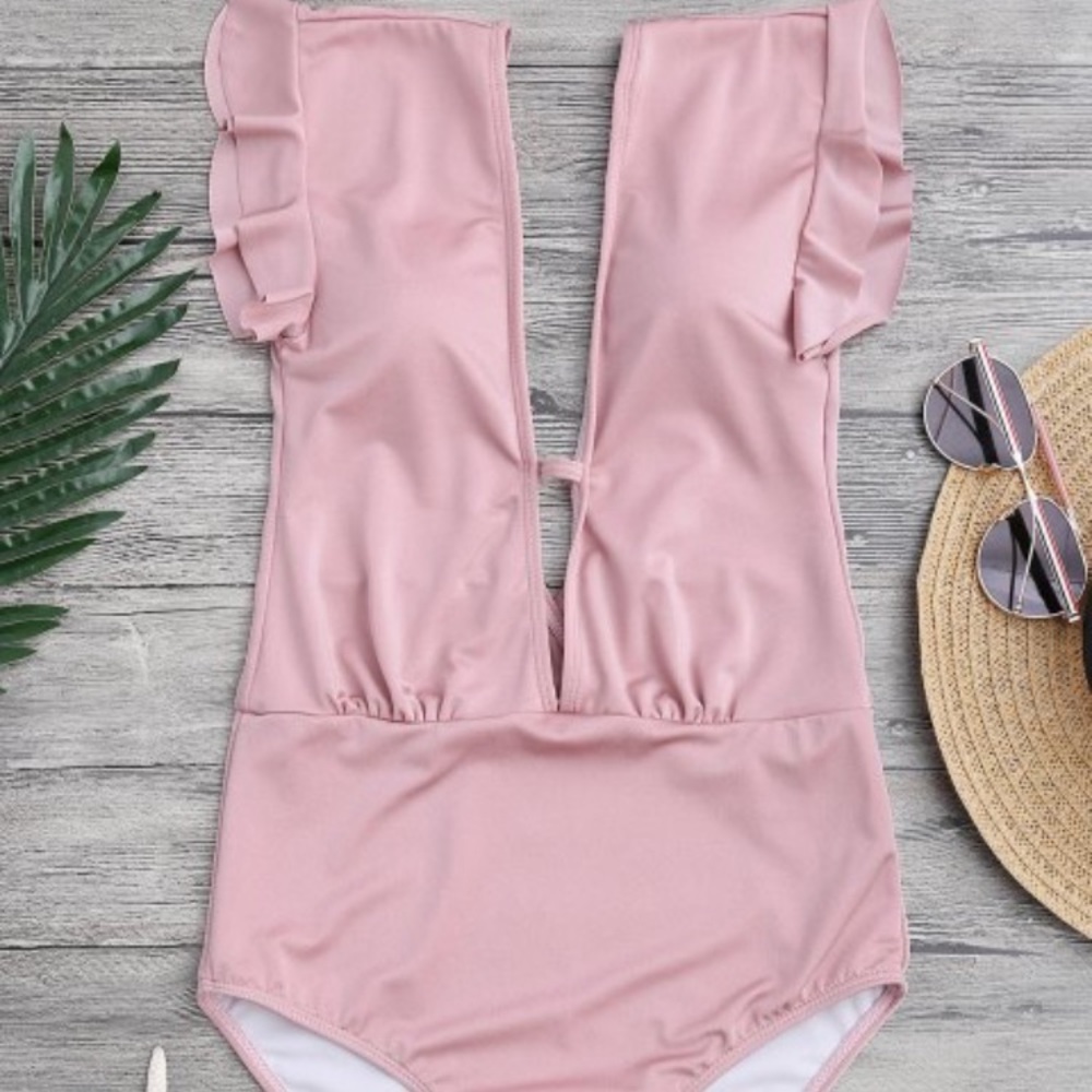 Zaful Frilled Plunge One Piece Swimsuit - Pink