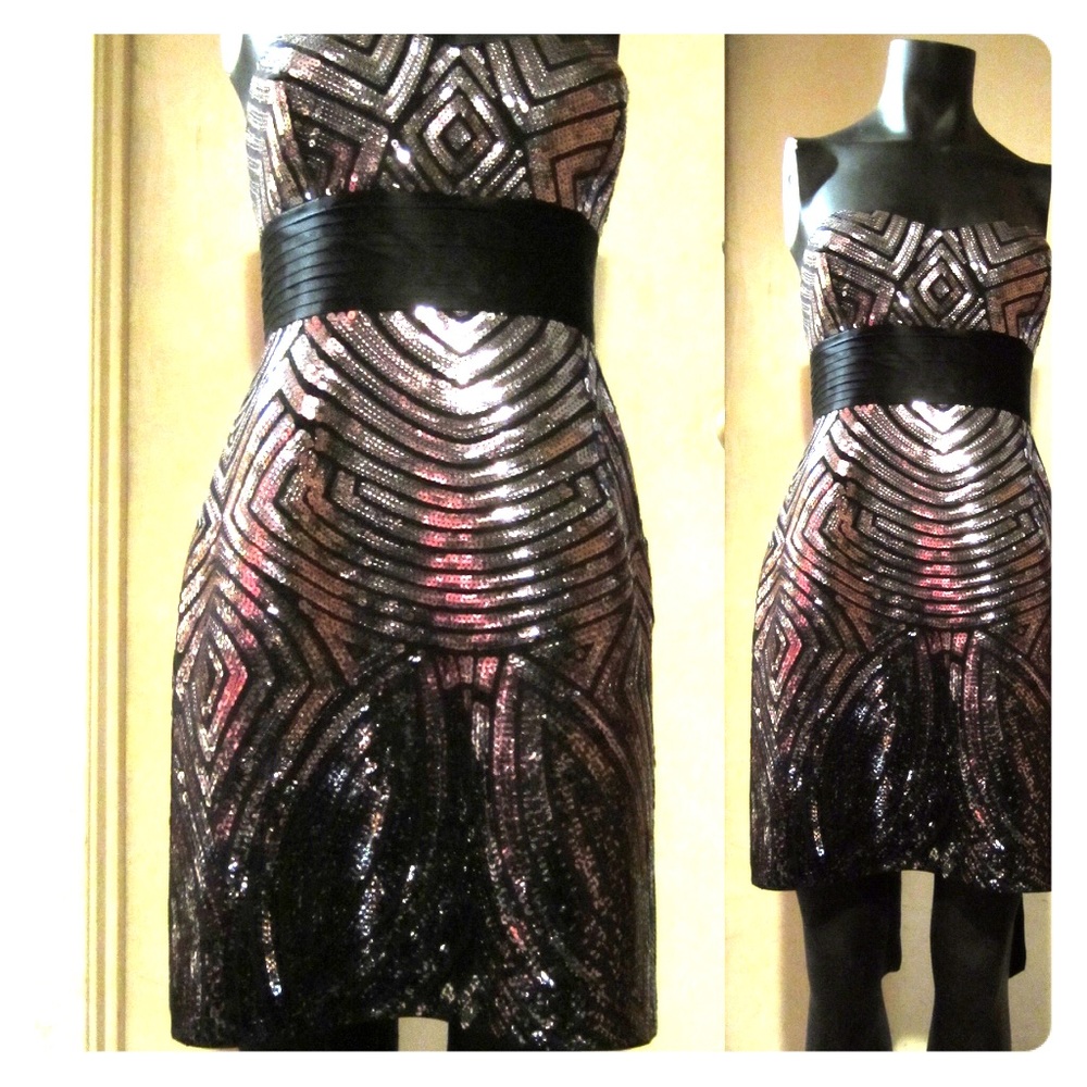 Silver/Black sequin strapless party dress