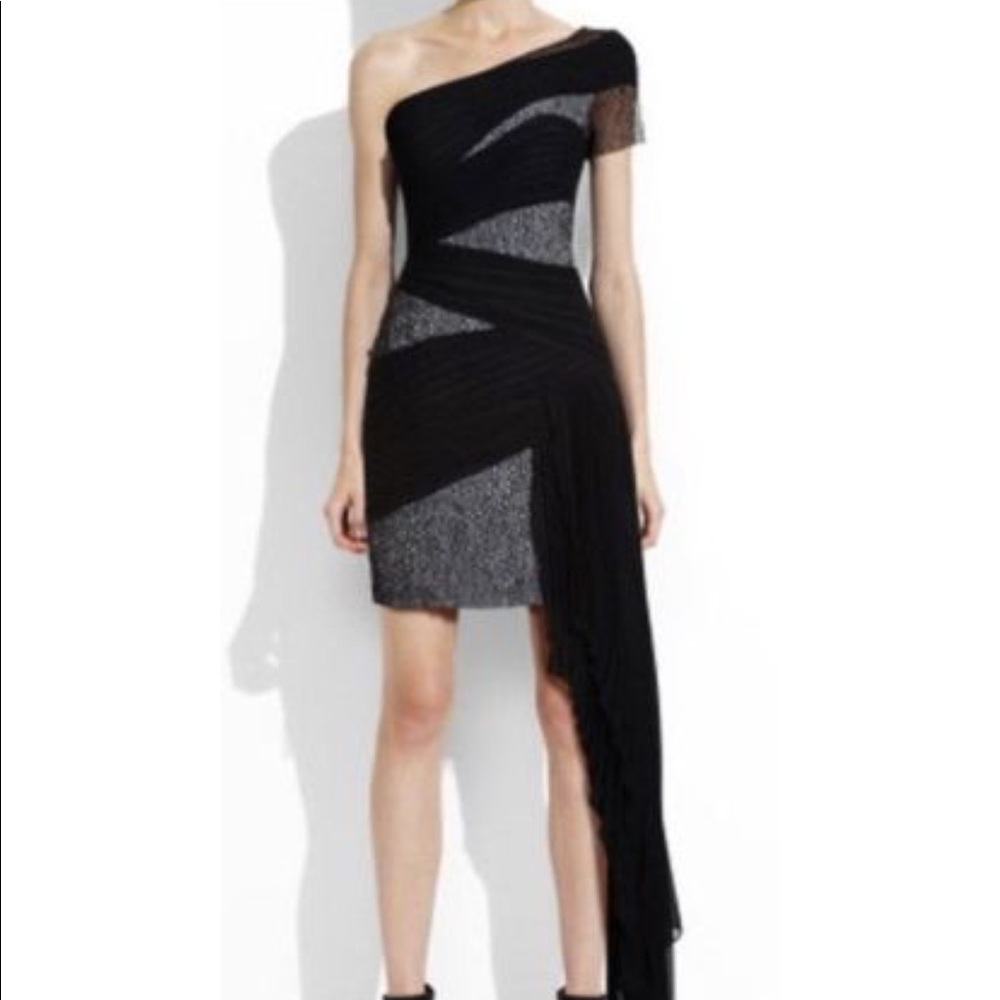 BCBG Max Azria Hi-low black lace & chiffon dress
