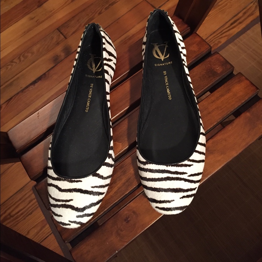 Calfskin zebra print flats with zipper detail