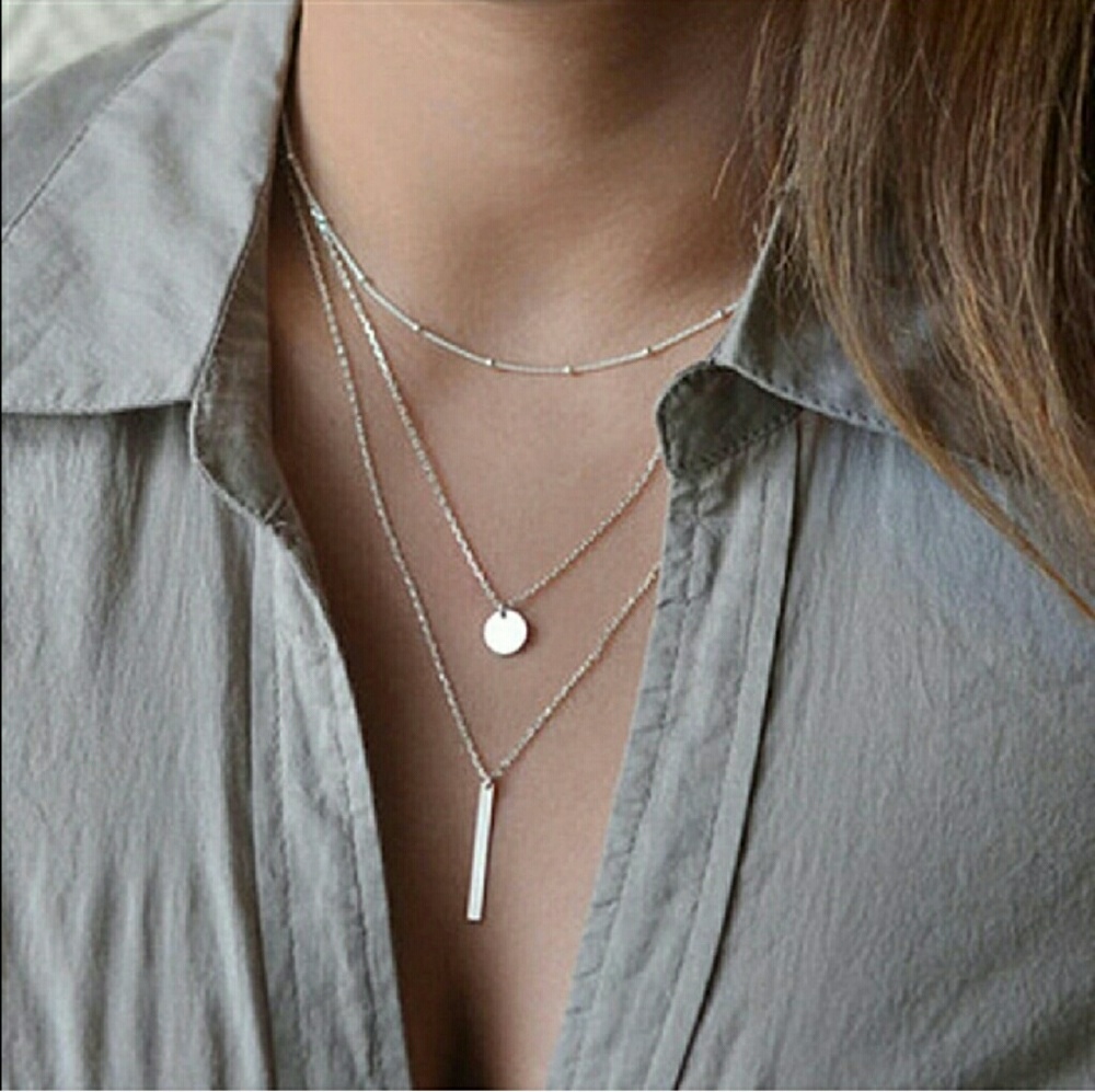Silver Multi Layer Bar Coin Necklace