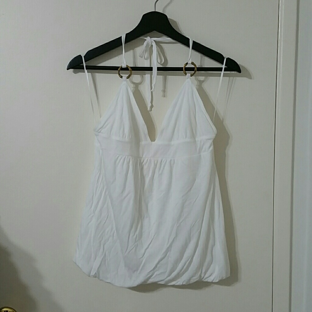 Trina Turk white halter top with bamboo like rings