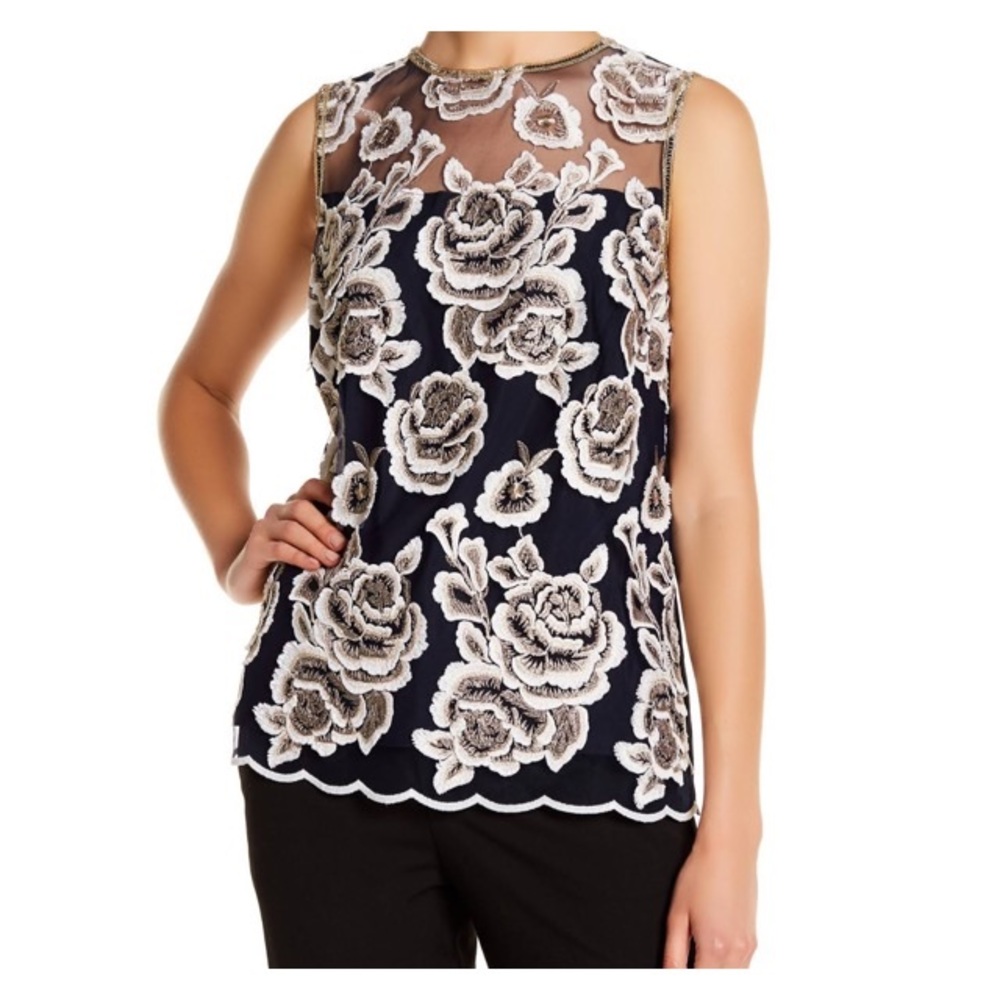 T Tahari Natalie Blouse Navy Embroidered Floral S