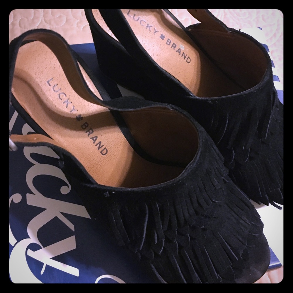 Lucky Brand Black fringe suede wedge heel