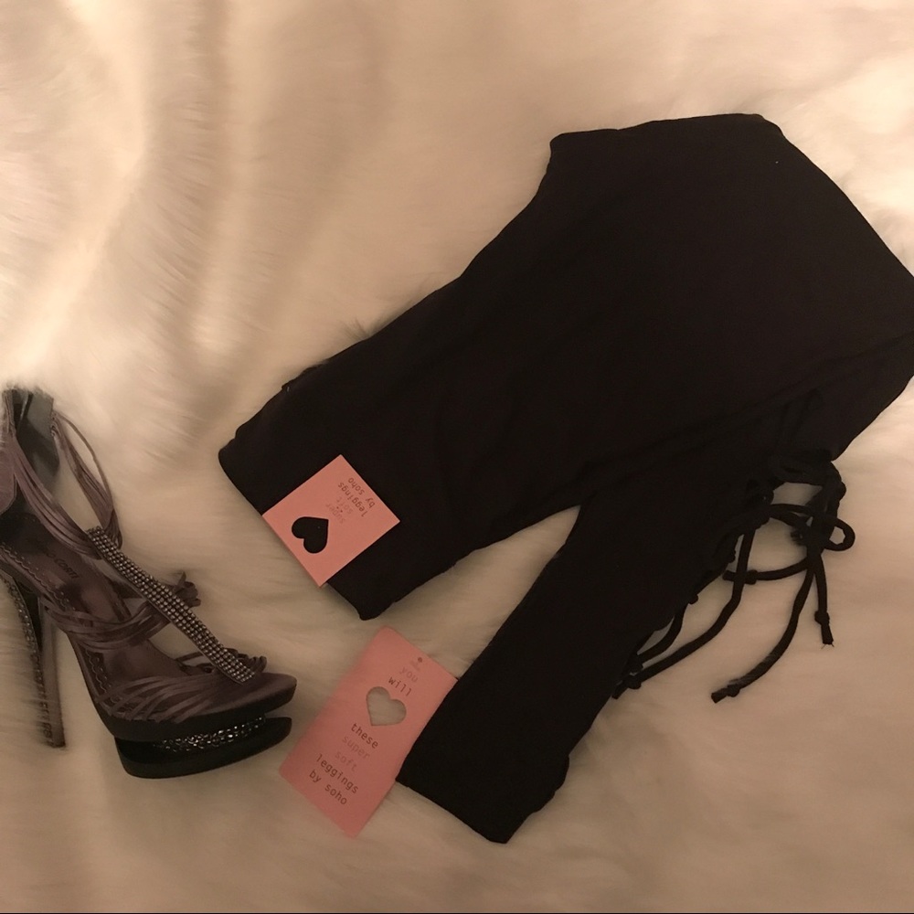 Black side tie leggings sz S-M-L - Picture 3 of 4