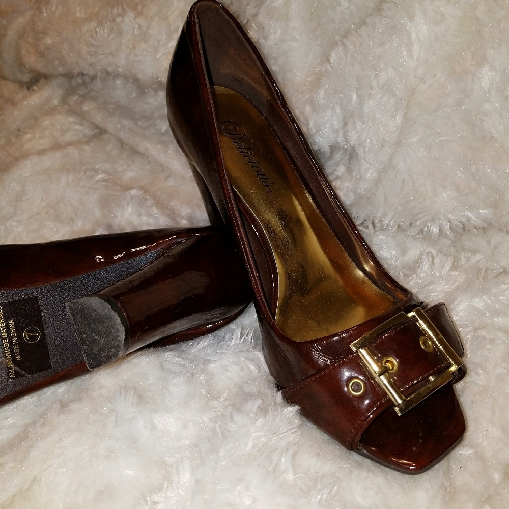 Brown heels with gold buckle