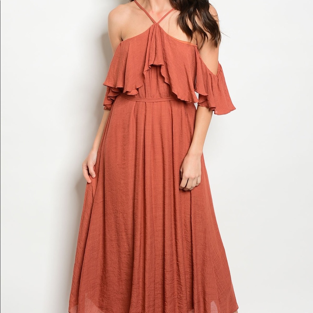 🌿LAST ONE🌿Burnt Rust Ruffle Halter Midi Dress - Picture 2 of 3