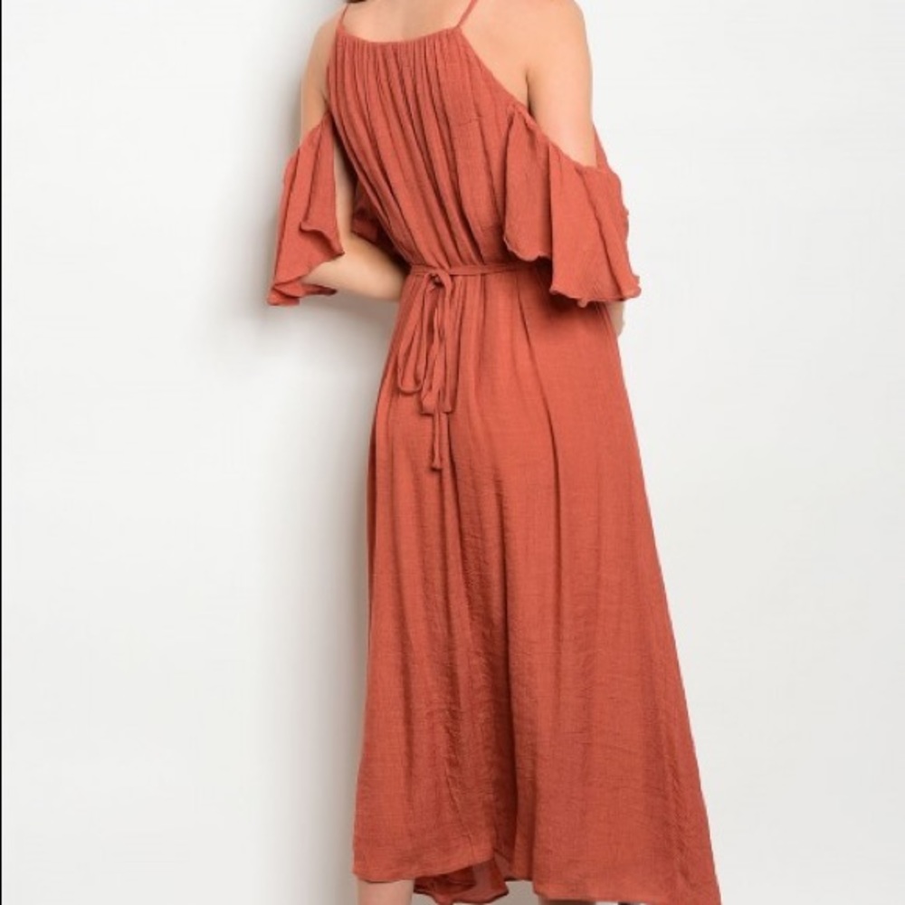 🌿LAST ONE🌿Burnt Rust Ruffle Halter Midi Dress - Picture 3 of 3
