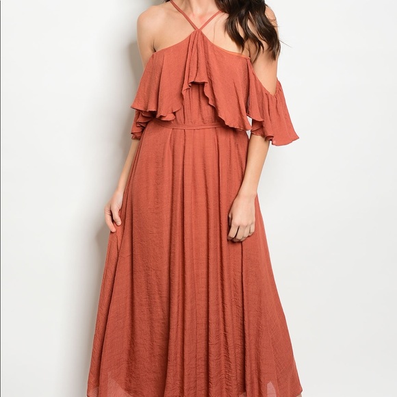 🌿LAST ONE🌿Burnt Rust Ruffle Halter Midi Dress - Picture 2 of 3