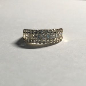 14k CZ 3 Row Ring with Baguettes and Small Rounds