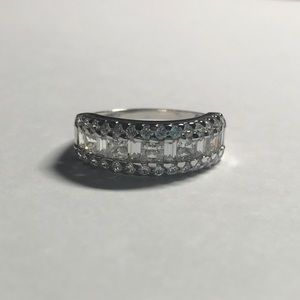 14k CZ 3 Row Ring with Baguettes and Small Rounds