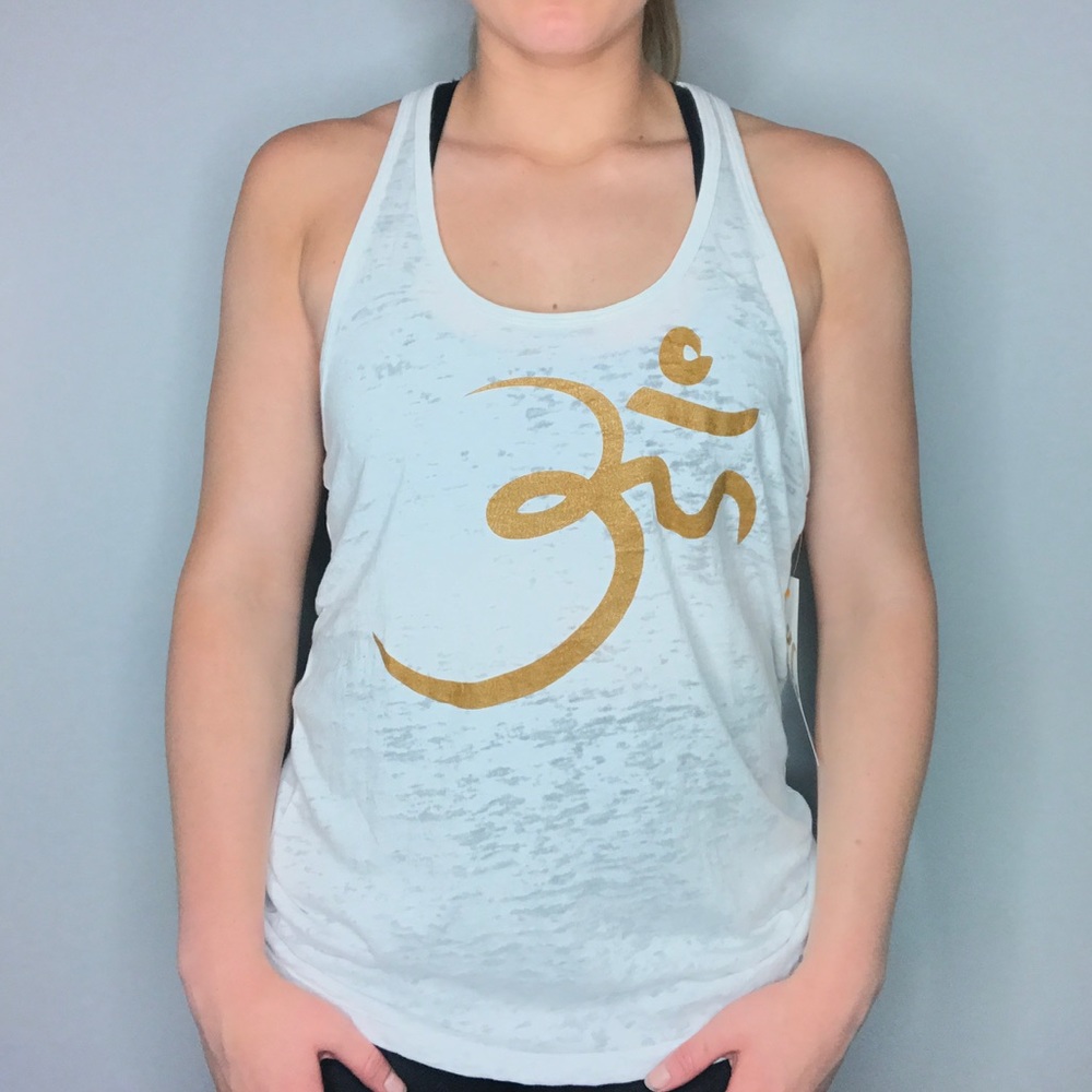 White Realize, Serve, Love and Meditate tank