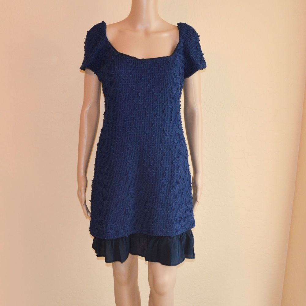 MARABELLE Navy Blue Nubby Boucle Knit Chiffon Trim Sheath Dress