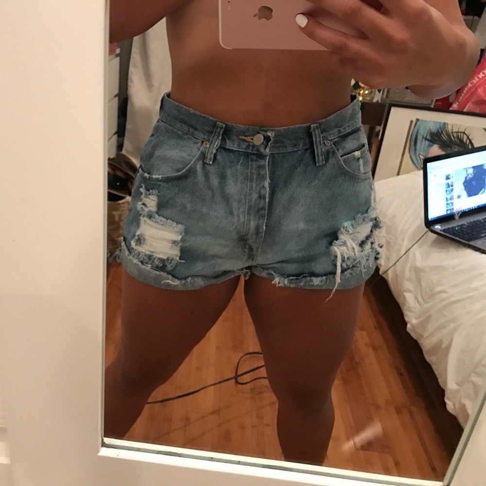 Distress denim shorts
