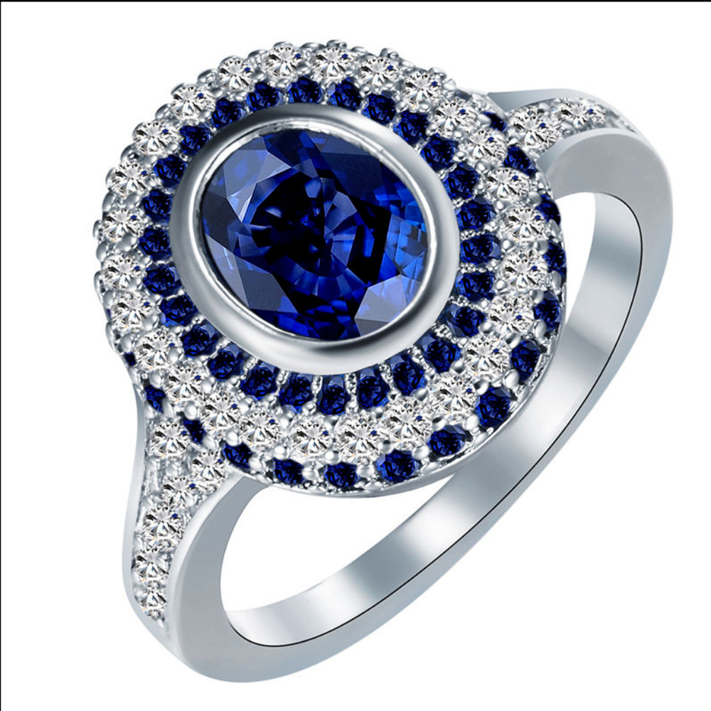 18k White Gold Plated Blue Sapphire Ring Size 7