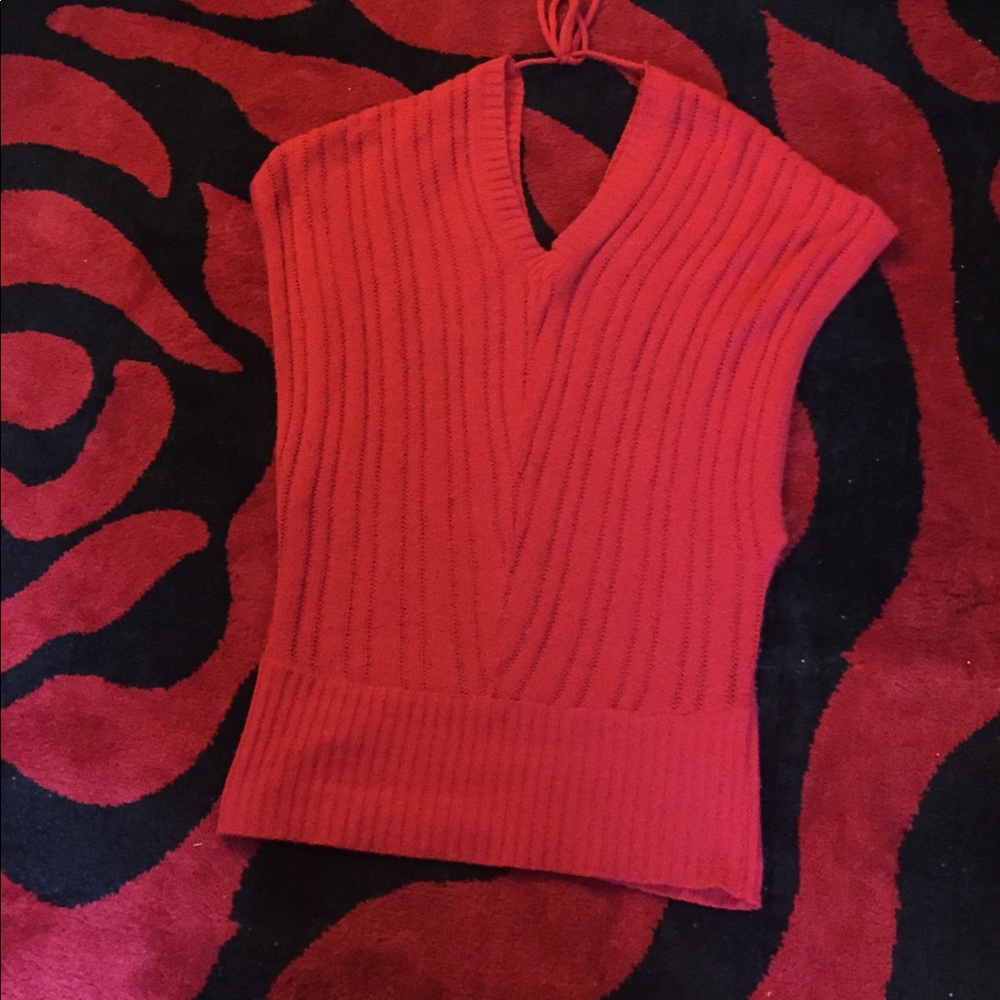 Lightweight red v-neck sweater with tie back