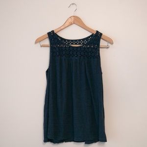 Navy Eyelet Trim Flowy Tank