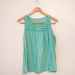 Aqua Teal Eyelet Trim Flowy Tank