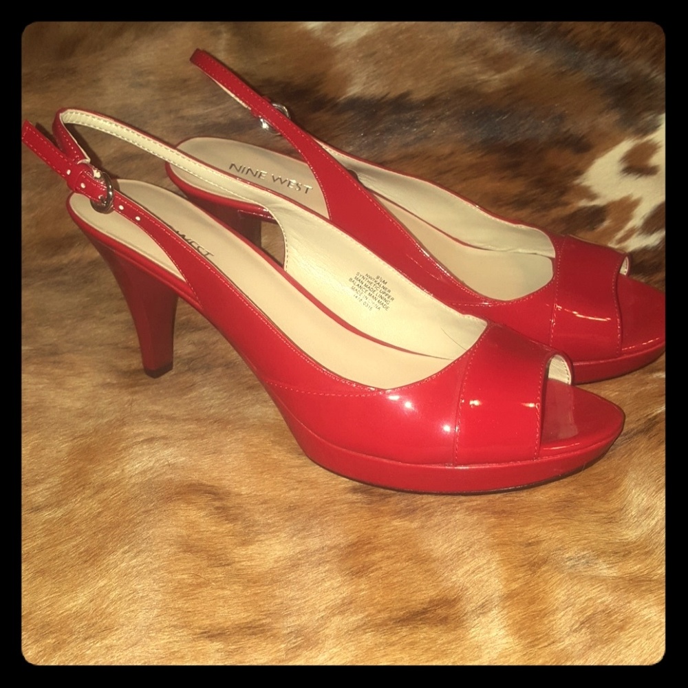 Red Nine West Sling Back Peep Toe Heels NWOT