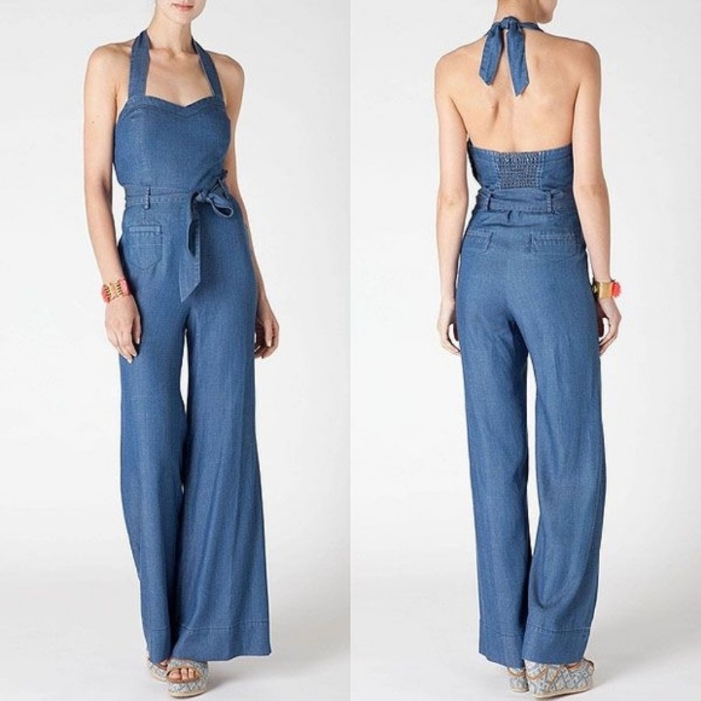 Anthropologie Elevenses Denim Halter Jumpsuit