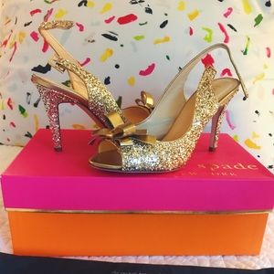 Kate Spade "Charm" Gold Glitter slingback pumps