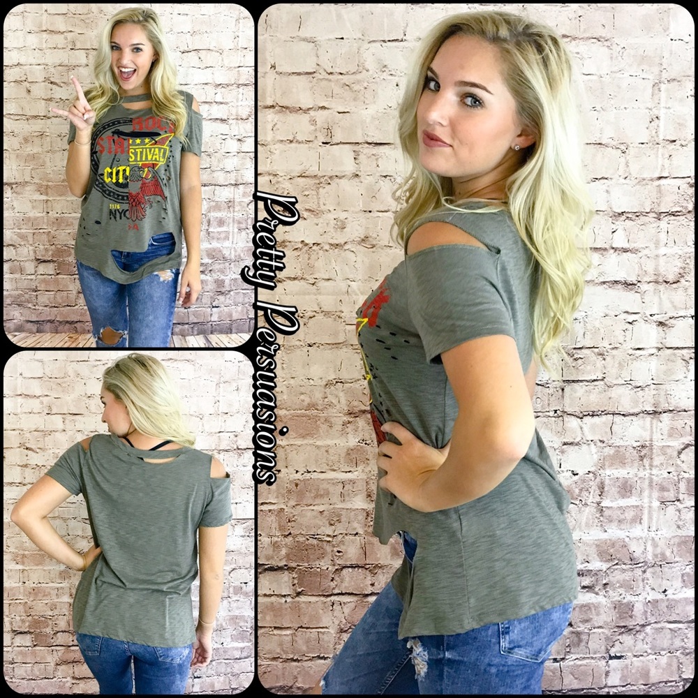 NWT Olive Graphic Print Distressed Rock Tee - Picture 2 of 6
