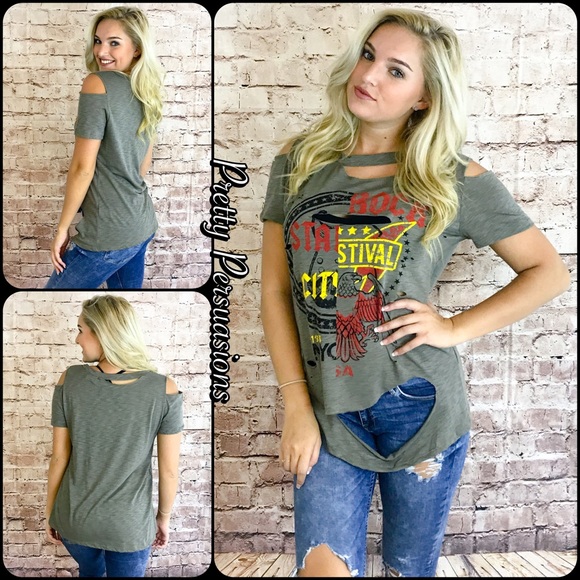 NWT Olive Graphic Print Distressed Rock Tee - Picture 4 of 6