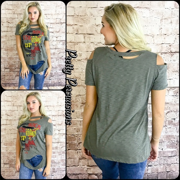 NWT Olive Graphic Print Distressed Rock Tee - Picture 3 of 6