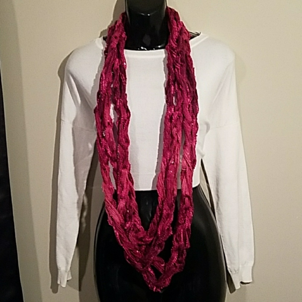 Crochet Chain Looped Scarf - Fuchsia and Pink