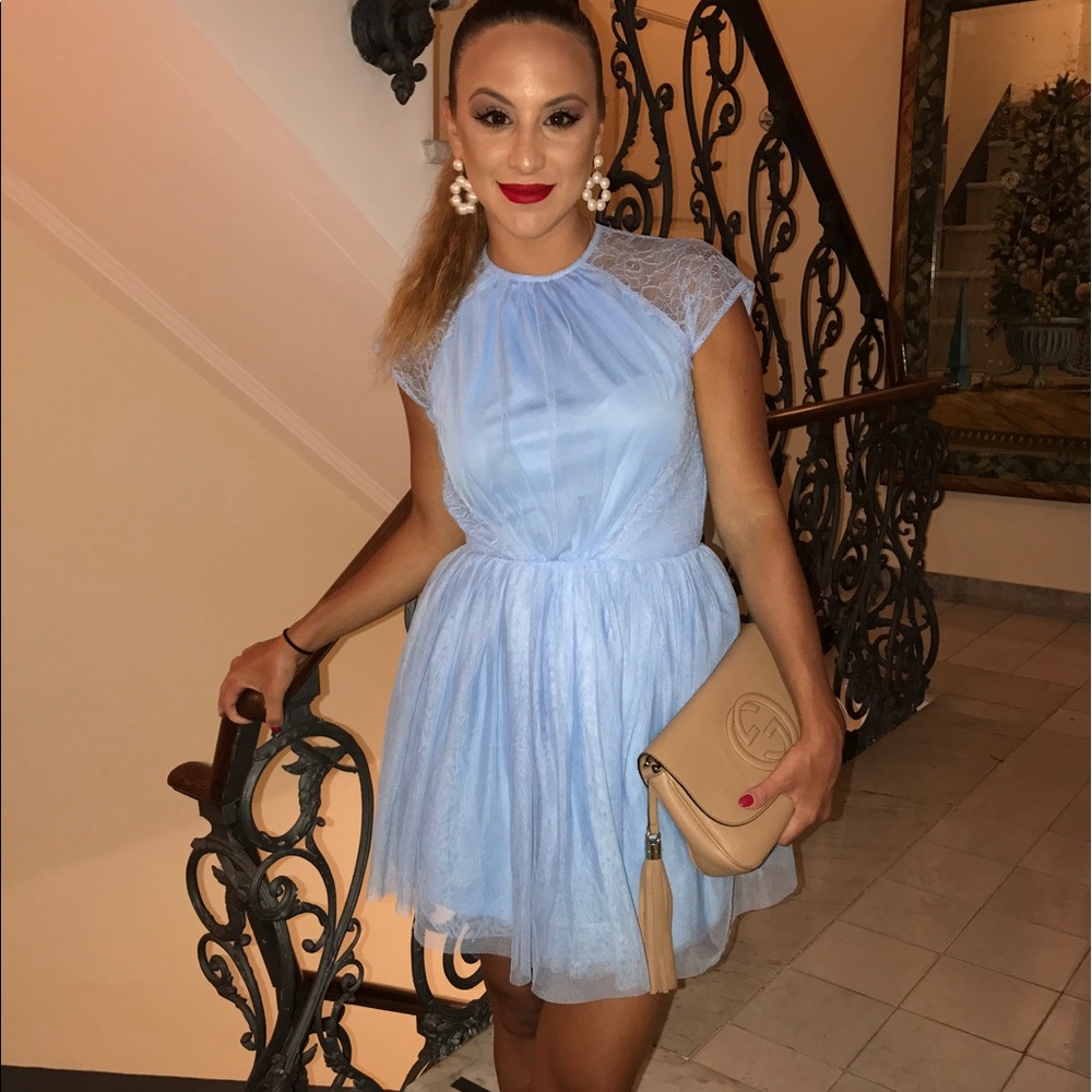 Pale blue fit and flair mesh mini dress