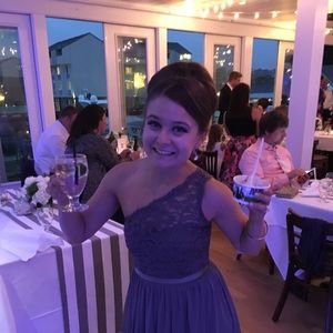 David's Bridal Asymmetric Grey Lace Bodice Gown