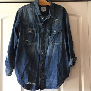 AEO distressed oversized denim button down
