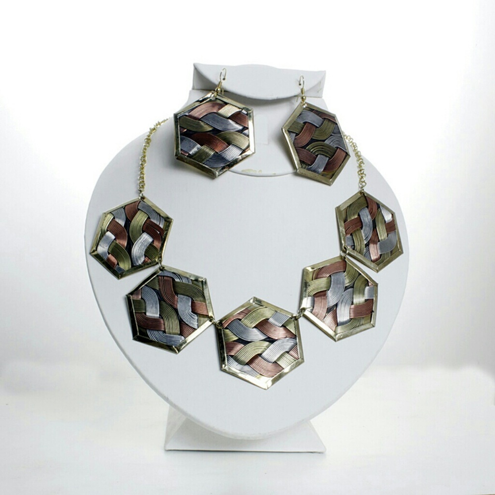 Trimetal hexagon necklace and earring set