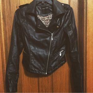 Black faux leather jacket.
