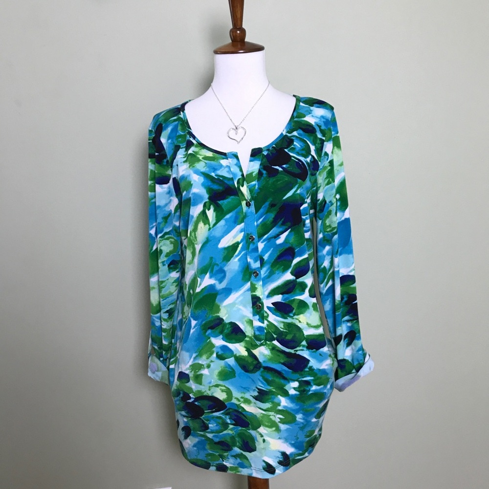 Premise Blue & Green Button Down Blouse