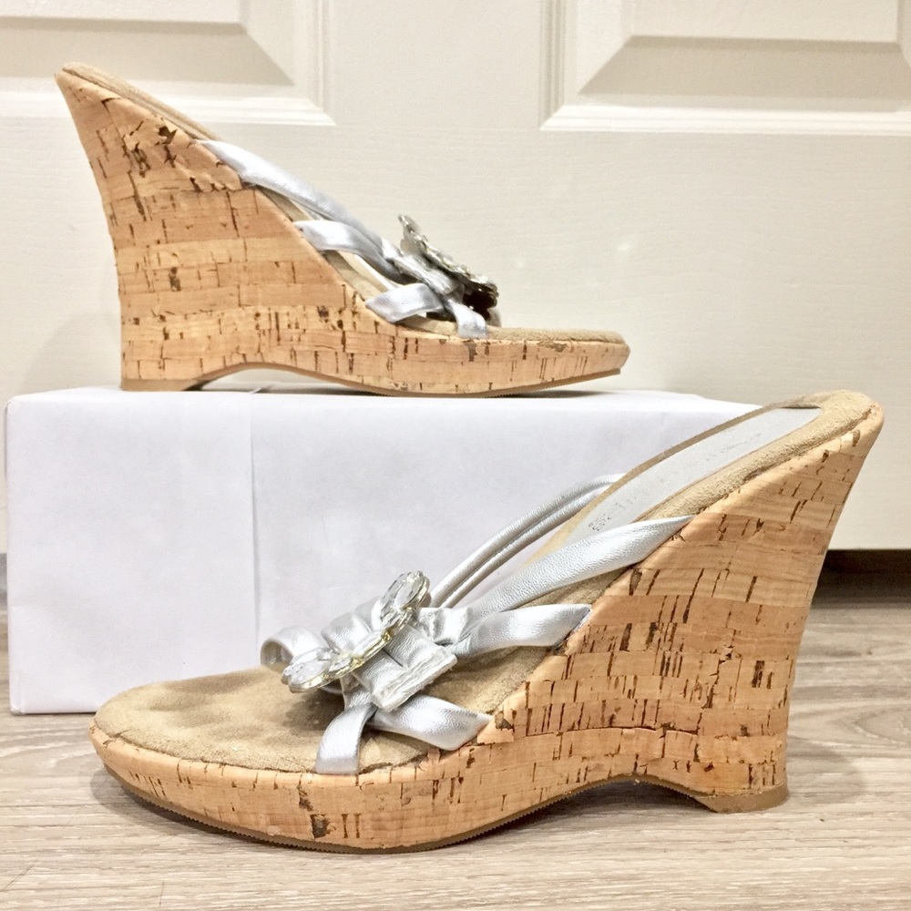 Rhinestone buckle cork wedge