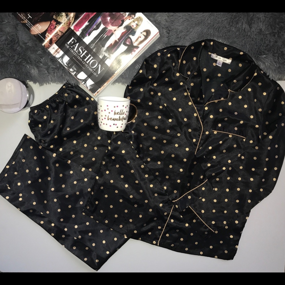 Satin Black & Gold Polka Dot Pajama Set