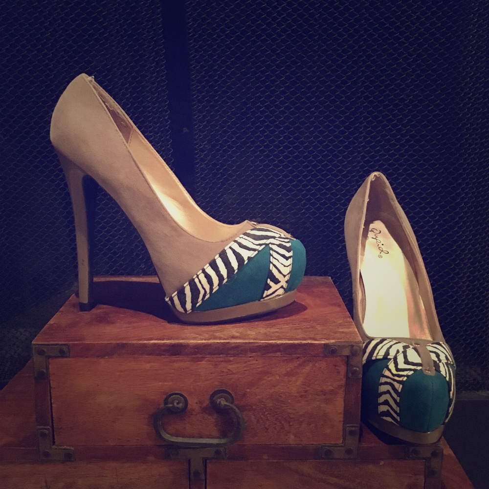 Quipid Camel and Teal Pumps with Zebra Accents
