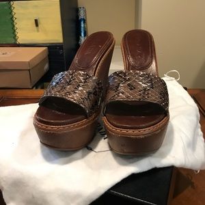 PRADA Brown Snake Skin Open Toe Platform Slides.