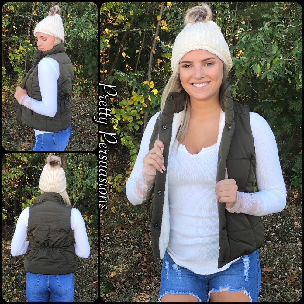 NWT Olive Shearling Lined Sleeveless Vest - Picture 3 of 8