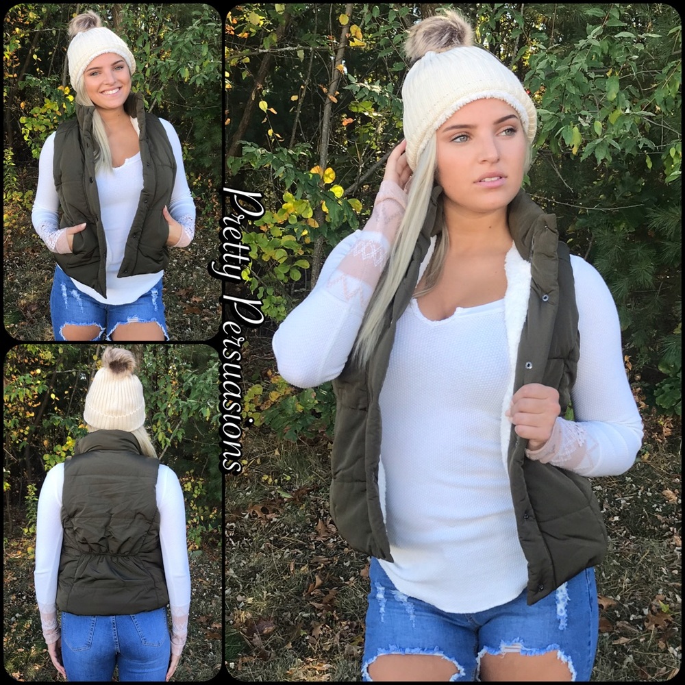 NWT Olive Shearling Lined Sleeveless Vest - Picture 4 of 8