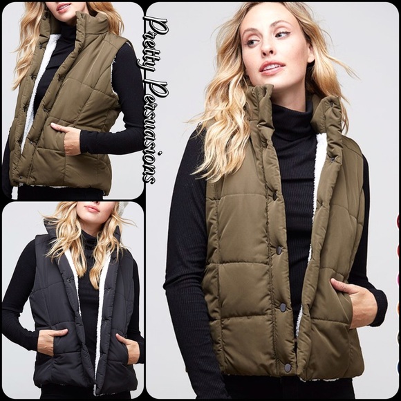 NWT Olive Shearling Lined Sleeveless Vest - Picture 2 of 8