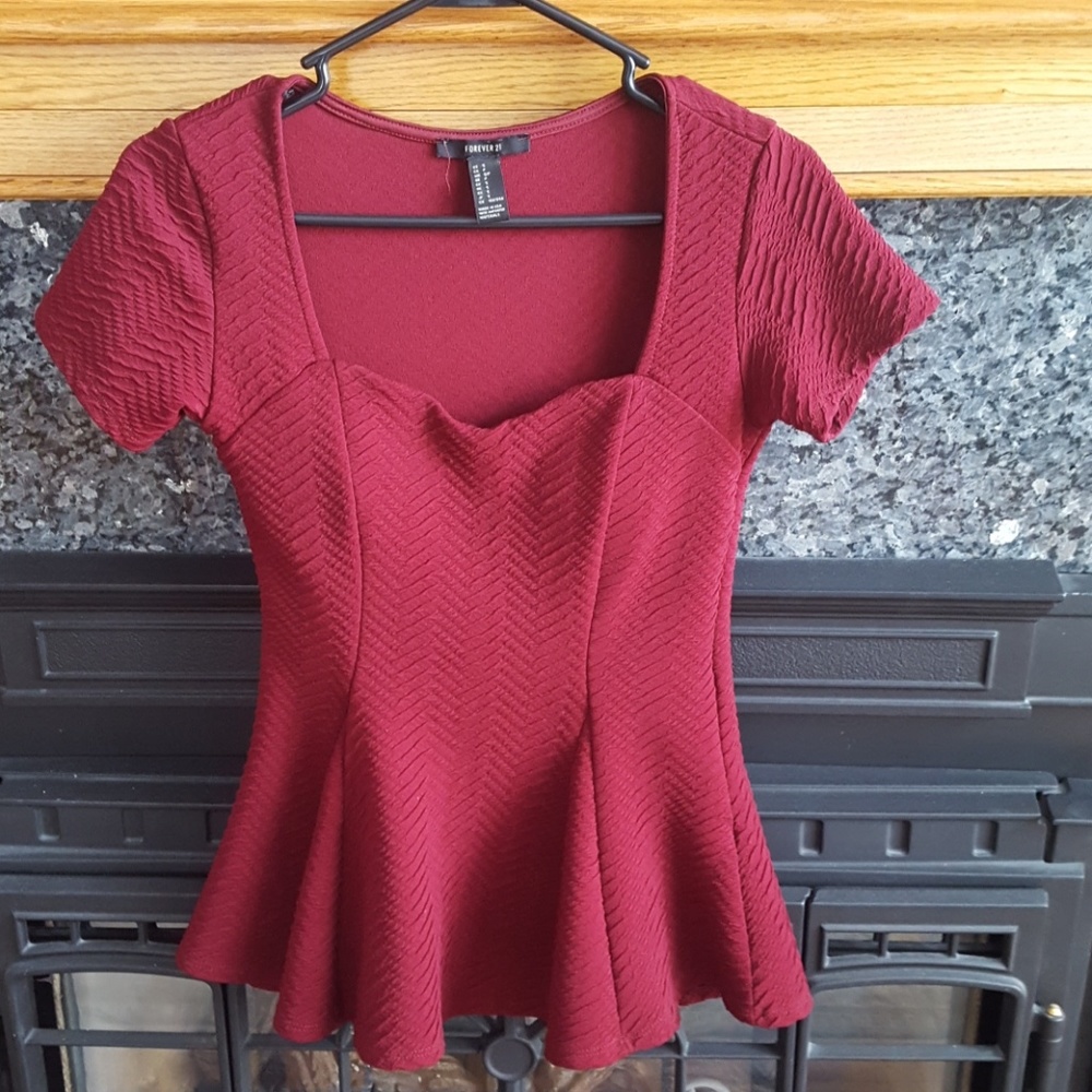 Deep Red Peplum Blouse with Sweetheart Neckline