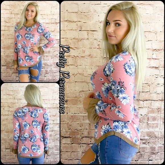 NWT Mauve Floral Print Suede Trim Ruffle Slv Top - Picture 5 of 8