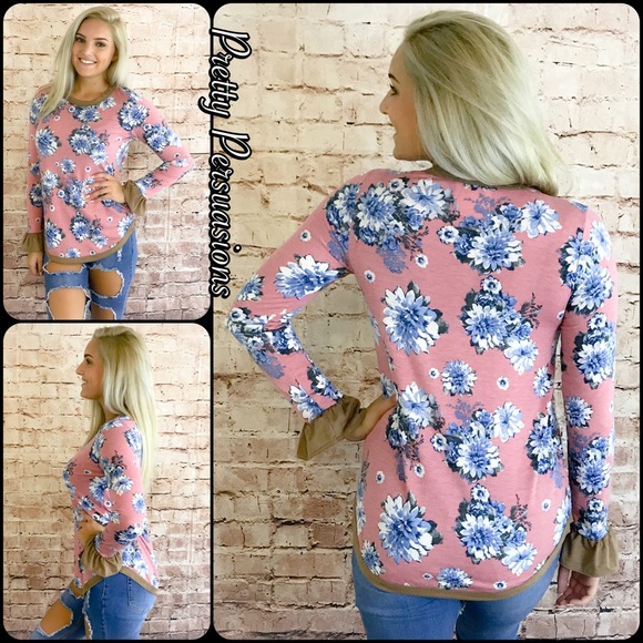 NWT Mauve Floral Print Suede Trim Ruffle Slv Top - Picture 6 of 8