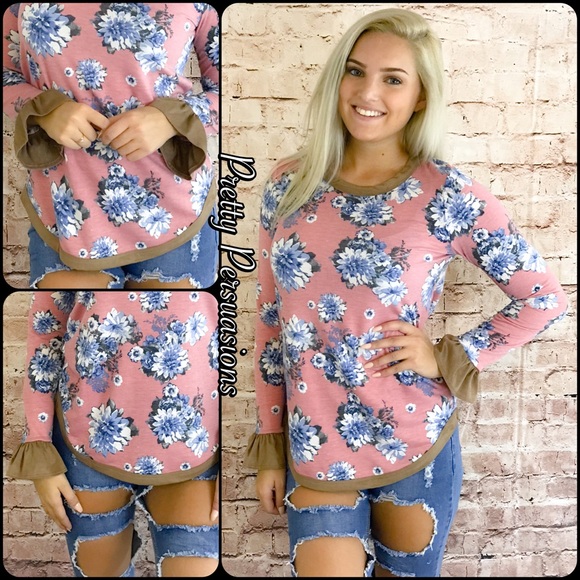 NWT Mauve Floral Print Suede Trim Ruffle Slv Top - Picture 7 of 8